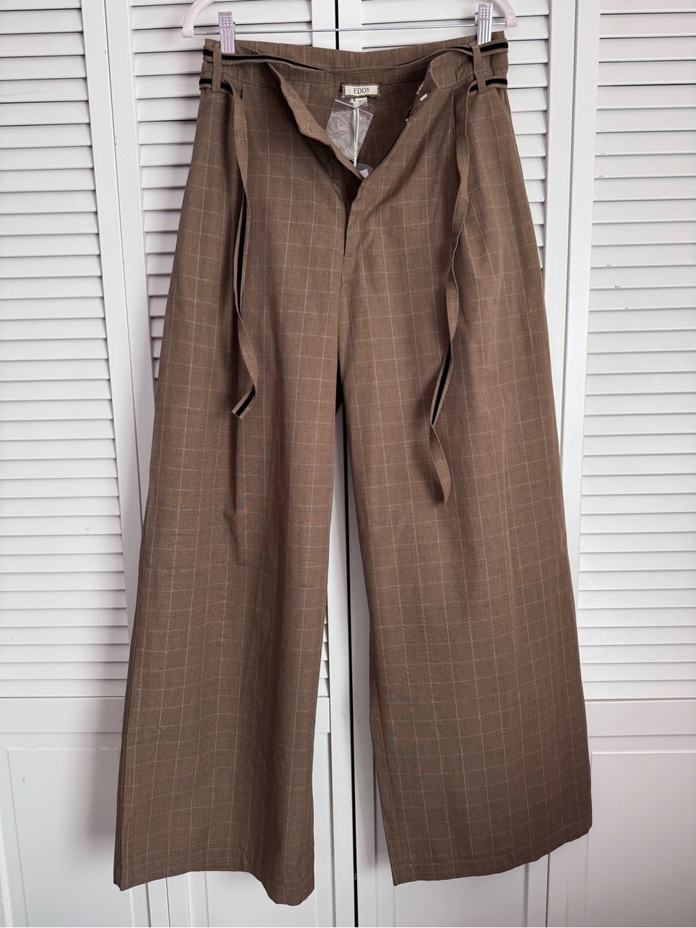 Eddy Willow Pant Coco Check Baby Blue Pinstripe Wide Leg Brown Medium NWT - Picture 4 of 10